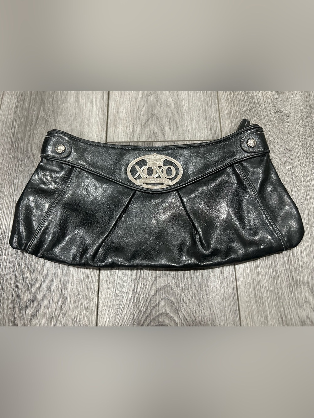 XOXO Black Faux Leather Clutch with Silver Emblem y2k